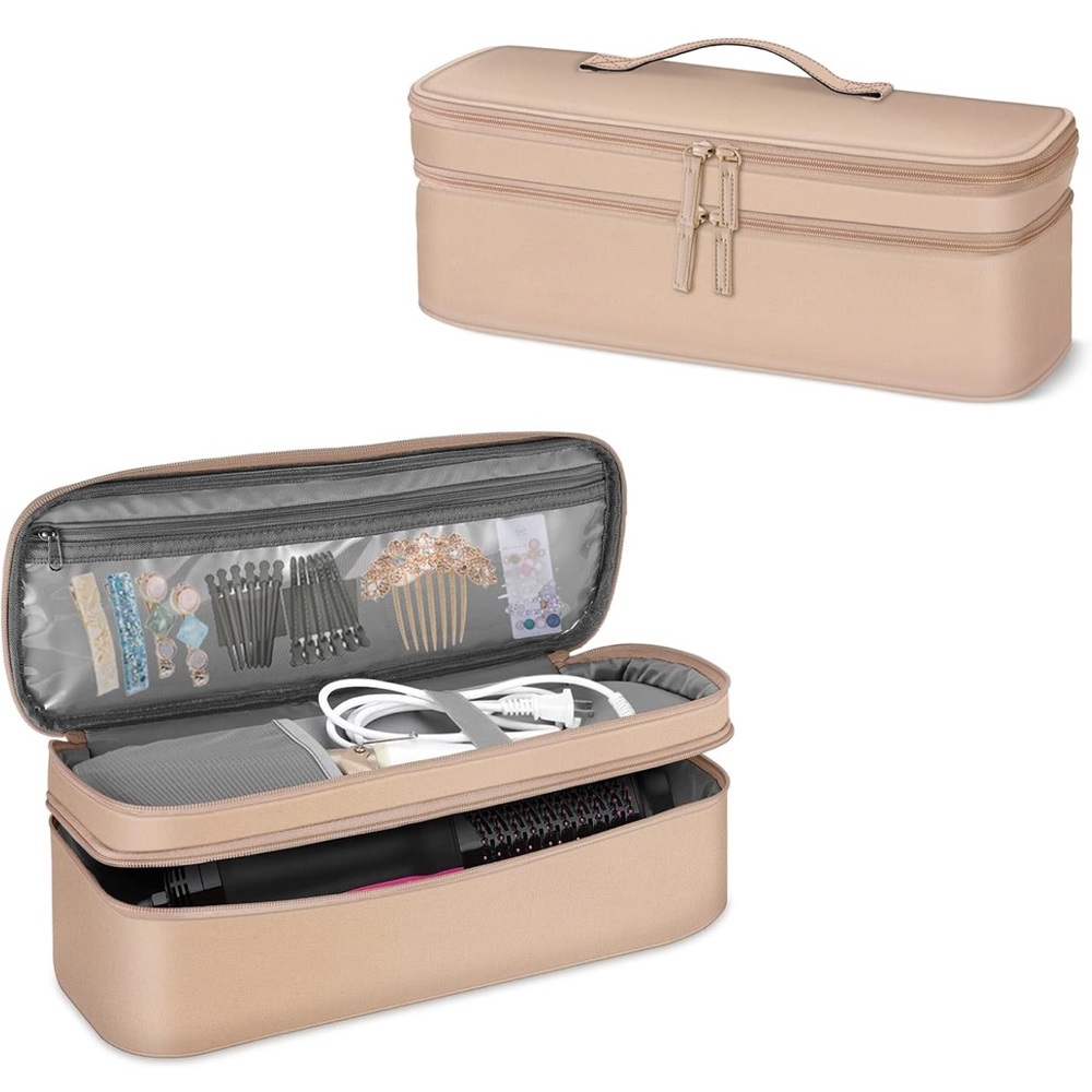 Rose Gold Double-Layer Water ResistantTravel Carrying Case Hair Dryer Brush